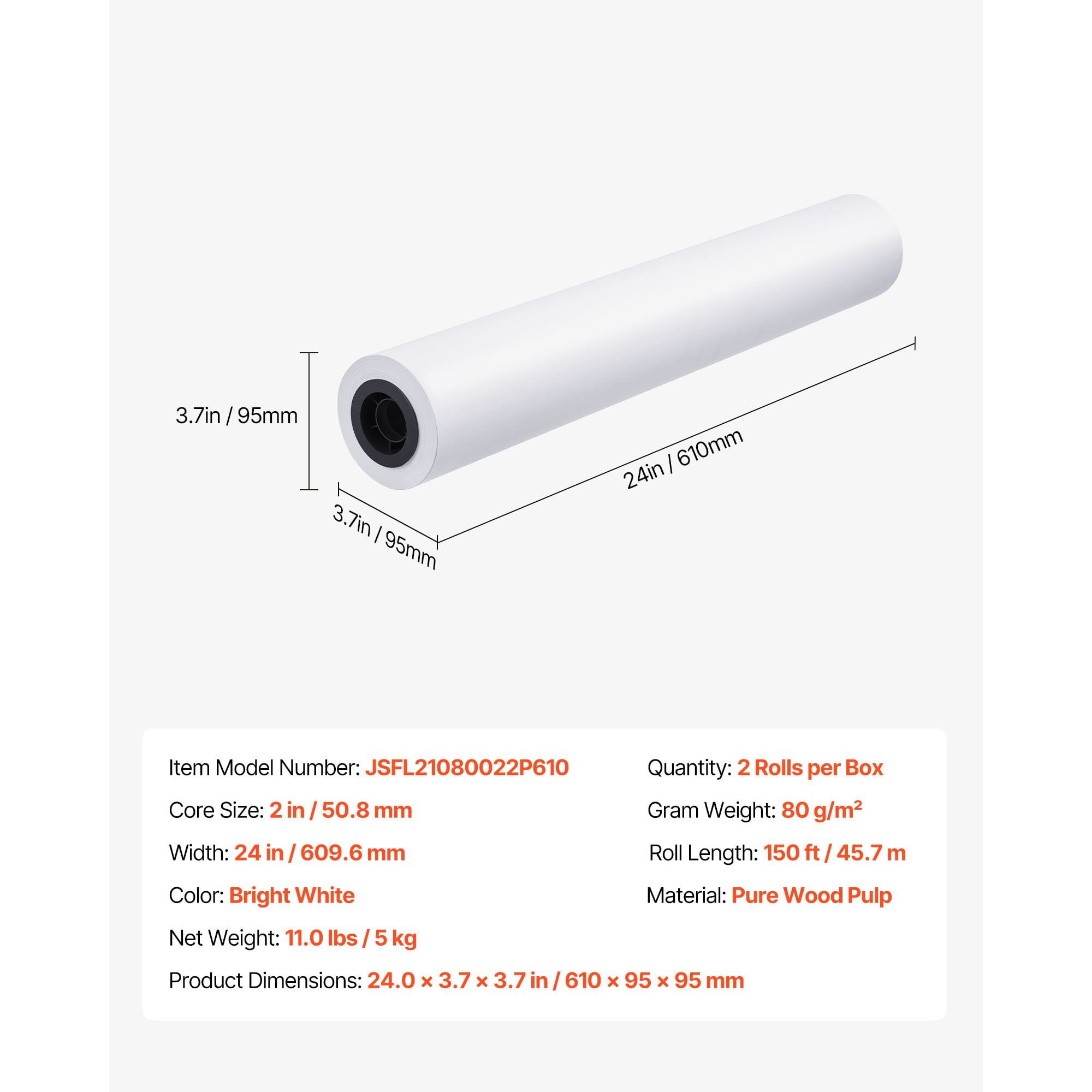 Dranite Wide Format Plotter Paper, 24 in x 150 ft, CAD Bond Roll (2-Pack), 20 lb Bond, 2 in Core – for CAD Drawings, Engineering Plans, GIS Maps, Architectural Designs