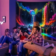 Simpkeely Blacklight Fantasy Waterfall Planet Tapestry UV Reactive Nature Tapestry Neon Landscape Mountain Wave Tapestry Wall Hanging - 51.2 x 59.1