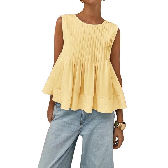 Womens Summer Pleated Peplum Sleeveless Blouse Tank Tops Round Neck Y2K Babydoll Blouse Shirt