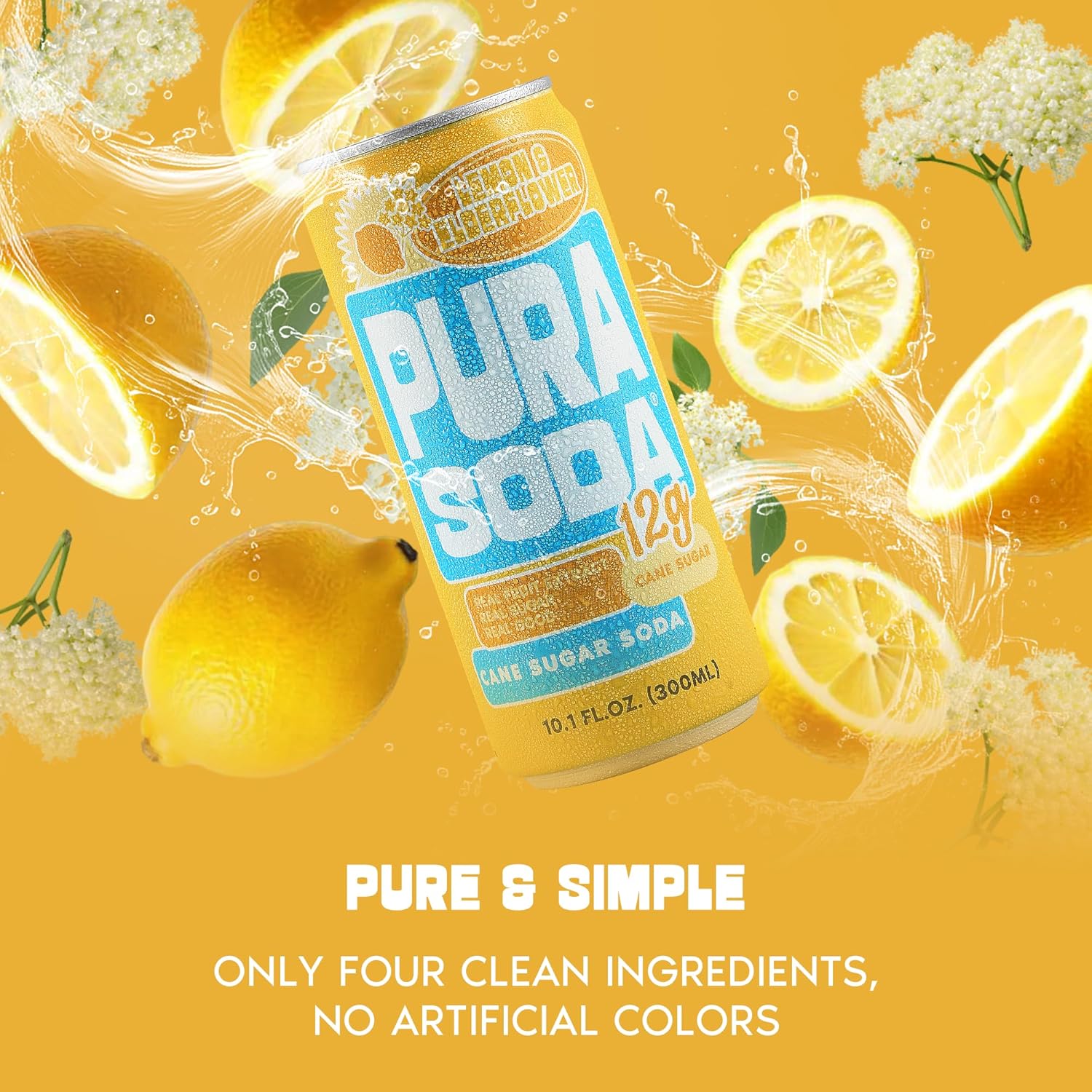 PuraSoda® Lemon & Elderflower | Low-Calorie, Cane Sugar Soda Beverage | Non-GMO, Vegan | Made with Pure Cane Sugar, No Preservatives | 10.1 fl oz (300ml) Cans, 24-Pack