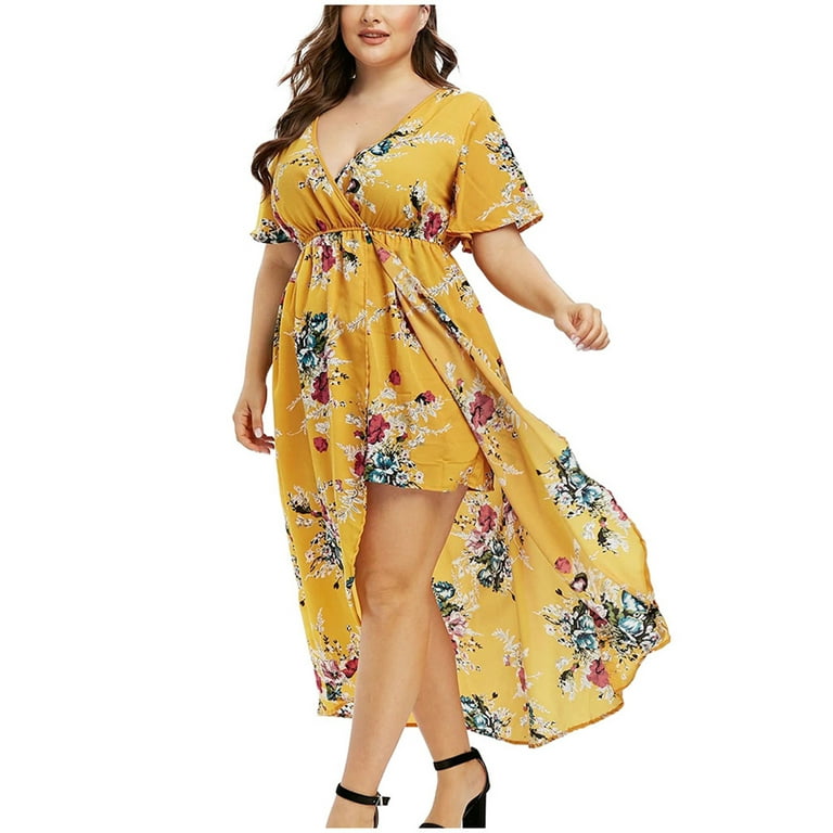 FAFWYP Womens Sexy Deep V Neck Maxi Dress Plus Size Floral Printed