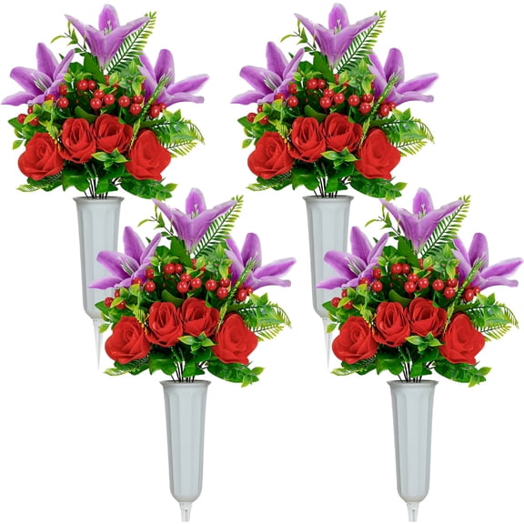 BPPEG Artificial Cemetery Flowers for Grave,Set of 4 Artificial Flowers Bouquet Memorial Flowers with Vase for Outdoor Cemetery Headstones Graveyard Gravestone Decoration (Red Rose-4Pcs)