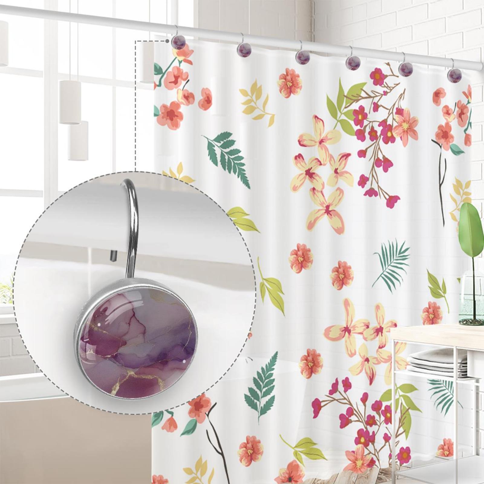 HemaKayy 12 Pcs Shower Curtain Hooks Bathroom Decorative Accessories Marble Pattern Pink Purple