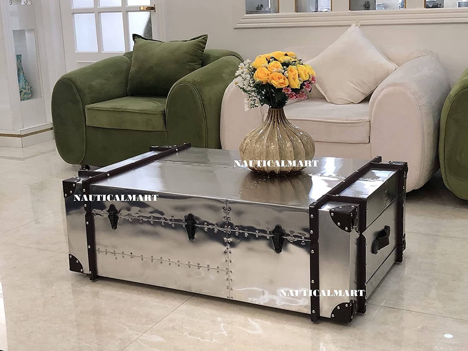 Trunk Design Aluminum Aviator Console Writing Office Desk Table with 6 Drawers, Size: Large, Silver