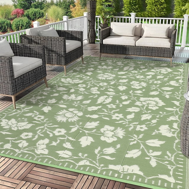 5x8 Green&Ivory Outdoor Rug Waterproof Reversible, Floral Plastic Straw Patio Rug, Foldable Outdoor Area Rug for RV Camping, Picnic, Beach, Balcony, Deck & Garden 5x8 Green&Ivory