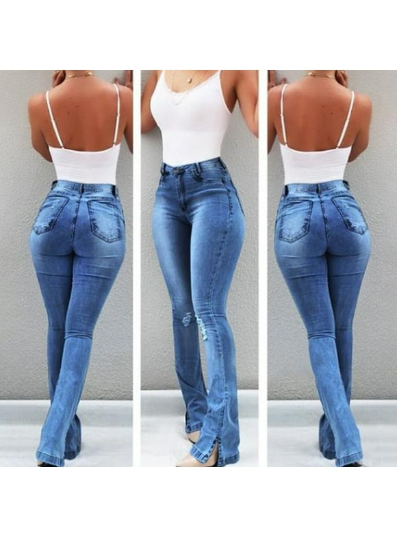 Threaded Pear Khloe High Rise Ripped Bell Bottom Jeans