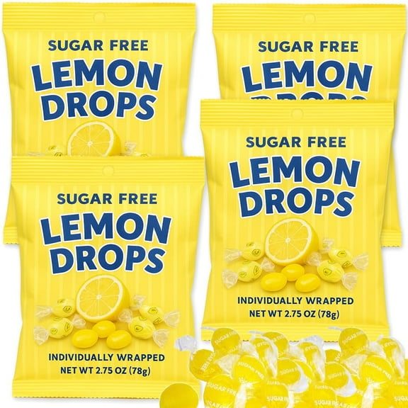 Sugar Free Lemon Drops Hard Candy 4 Bags Individually Wrapped - Fat-Free, Zero Trans Fat, Keto-Friendly Diabetic Safe Citrus Sweets Yellow Disc | Low-Calorie Snack Desert Treat - 11 oz Each Total