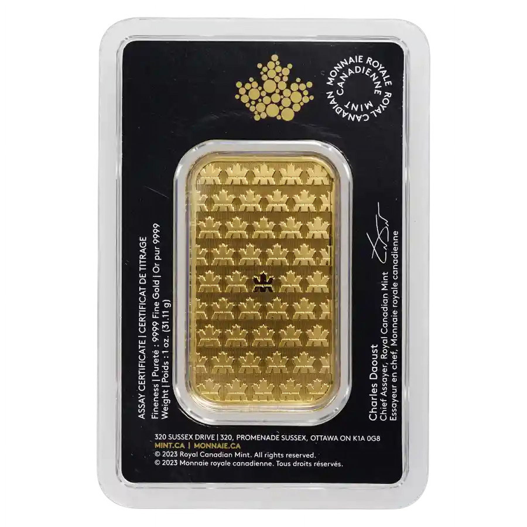 1 oz Gold Royal Canadian Mint Bar w/ Assay Card