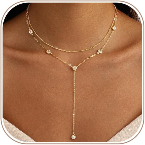 Terandius Gold Plated Cubic Zirconia Y Necklace for Women Layered Choker Long Drop Lariat Necklace Party Prom Jewelry Gift for Mom Wife Sister
