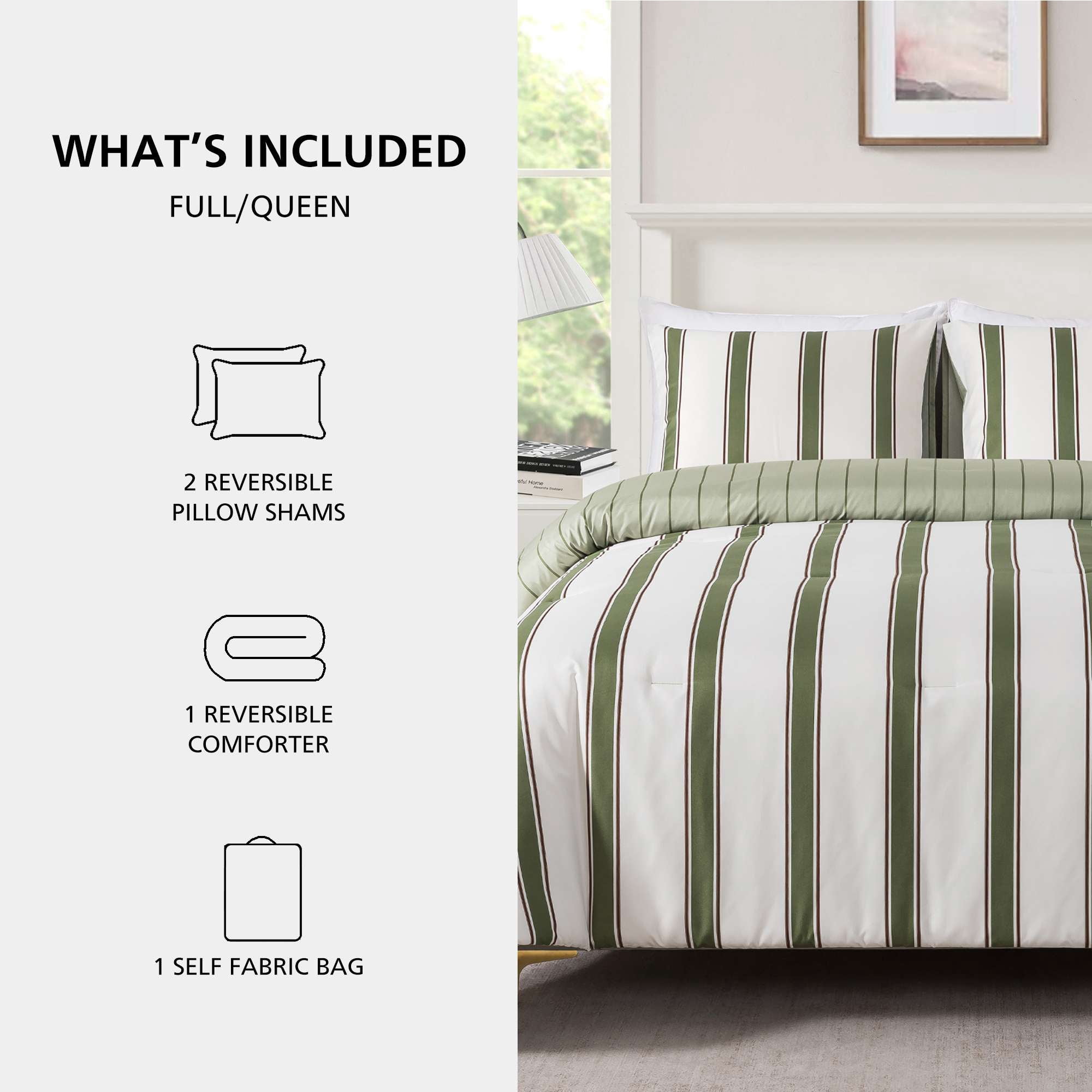 Mainstays Full/Queen Comforter Set, All-Season, 3-Piece, Green Stripe