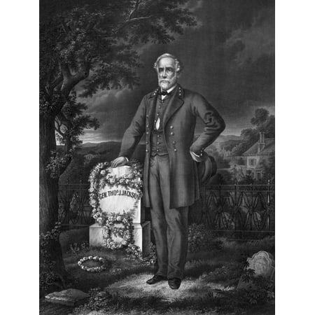 - Vintage Civil War print of General Robert E Lee visiting the grave of Confederate General Thomas Stonewall Jackson Poster Print