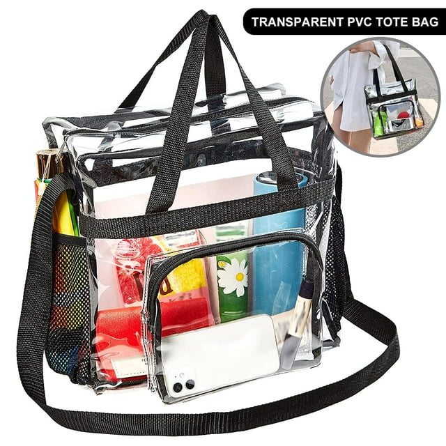 Bolso de mano transparente Duety de gran capacidad con asa y correa ajustable, duradero, de PVC, bandolera, transparente, apto para gimnasios.