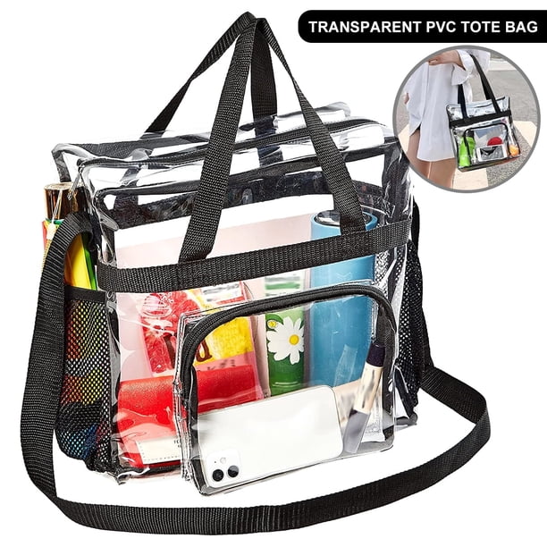Bolso de mano transparente Duety de gran capacidad con asa y correa ajustable, duradero, de PVC, bandolera, transparente, apto para gimnasios.