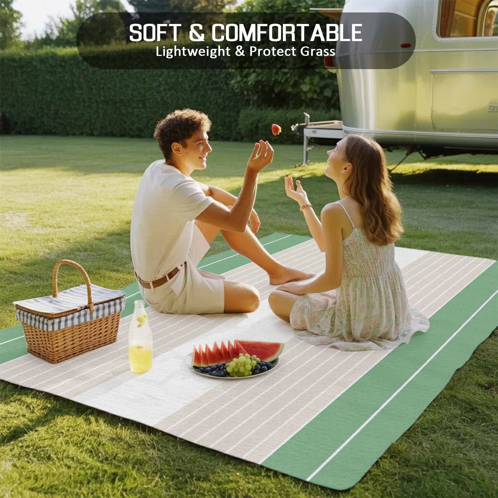 Green Beige Stripe Outdoor Rug 5x8 Ft - Reversible Patio Rug Outdoor Camping Rugs, Modern Art Horizontal Striped Washable Indoor Outdoor Area Rugs, Non-Slip Outdoor Carpet Runner for Deck/Porch