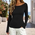 thumbnail image 2 of ZDNIXIAN Women Off Shoulder Long Sleeve Basic Tops Ribbed Knit Slim Fitted Blouse, Elegant Boat Neck Form Fitting Shirt, Stretchy Soft Casual Long Sleeve Tees, 2 of 7