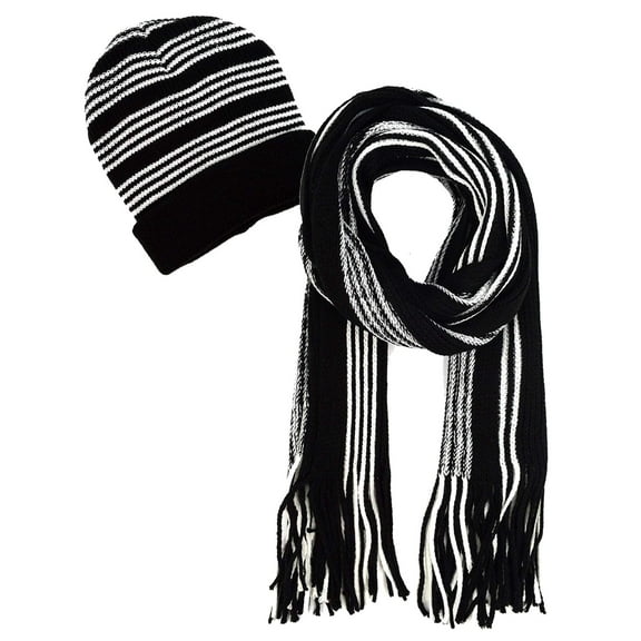 Mens Black & White Stripe Winter Knit Hat & Scarf Set