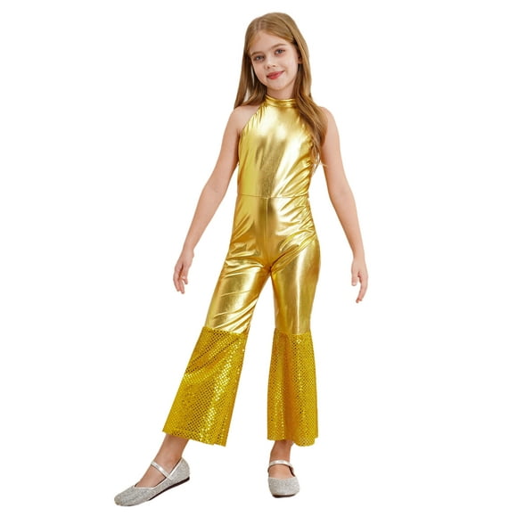 vastwit Girls 70s Disco Dance Unitards Kids Sleeveless Shiny Metallic Latin Jazz Dance Jumpsuit Movie Singer Bodysuit Gold 14