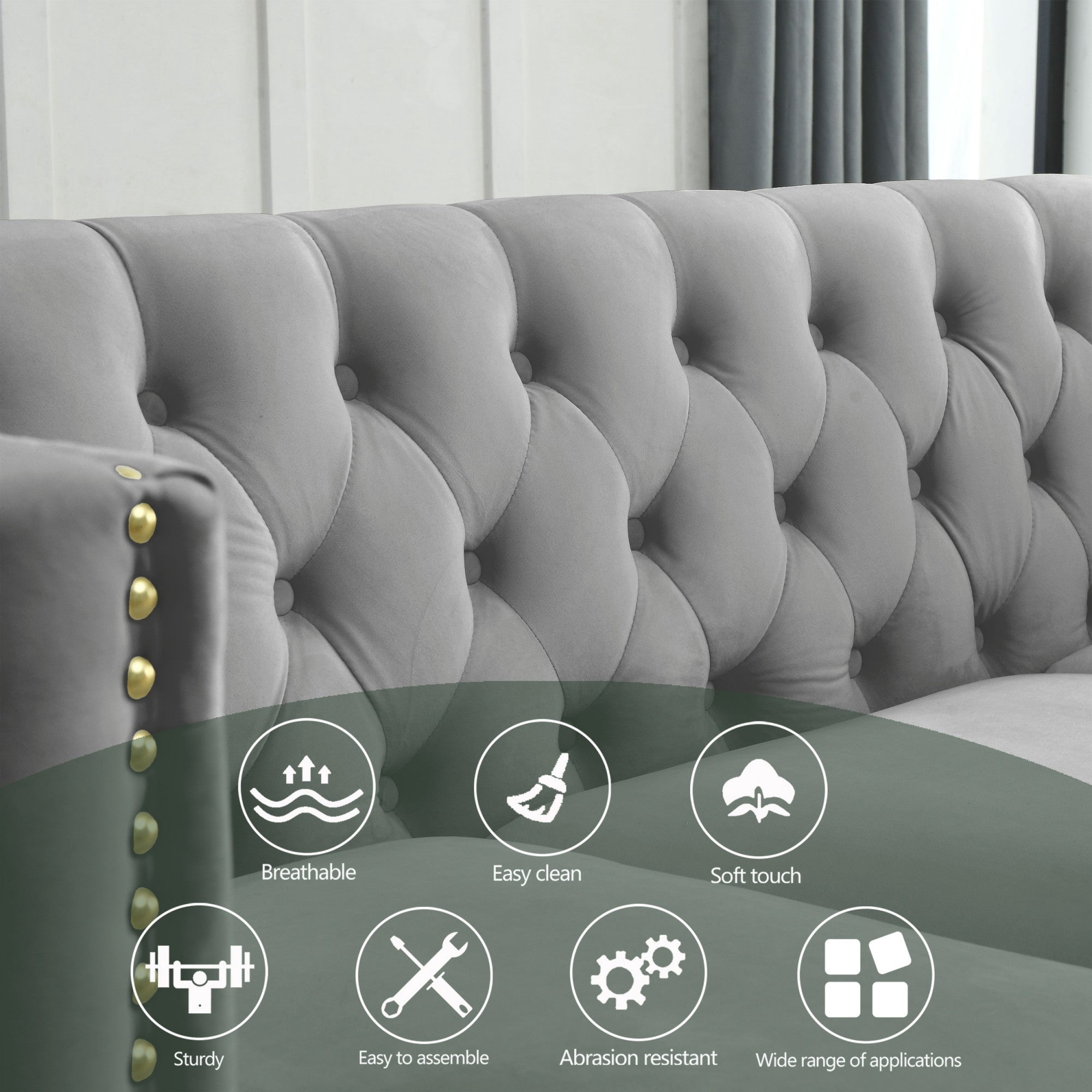Sailvan 82" Velvet Chesterfield Sofa, Tufted Button Couch with Gold Metal Legs & Nailhead Trim, Modern 2-Seater with Unique Charm Loop Gray