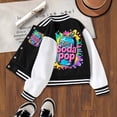 thumbnail image 2 of OOOUM Girls Color Block Varsity Jacket Striped Collar Button Down Baseball Bomber Jacket Fashion Graphic Casual Streetwear Lightweight Jacket Black 5-6 Years, 2 of 7