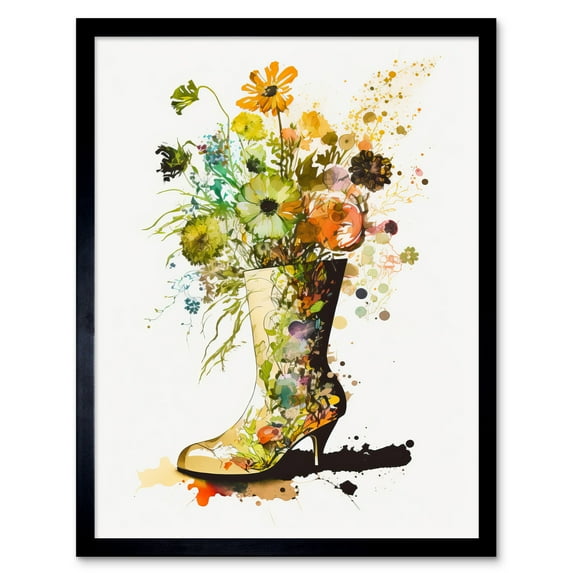 Wildflower Bouquet in a High Heel Floral Boot Art Print Framed Poster Wall Decor 12x16 inch