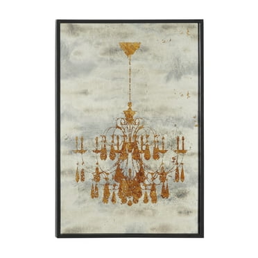 Decmode 16” x 24” Large Metallic Gold Chandelier Wall Art on Iron Panel in Wood Frame