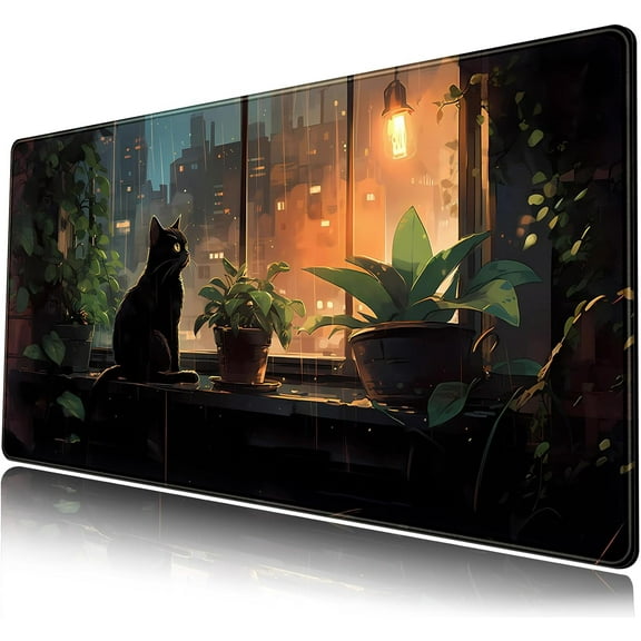 Black Cat Desk Mat Green Plants Desk Pad Anime Large Gaming Mouse Pad XL Full Desk Mousepad Extended Keyboard Mat Big Long Mouse Mat Laptop Desktop Mat Pad Cute Desk Decor for Women 31.5''''X15.7''''