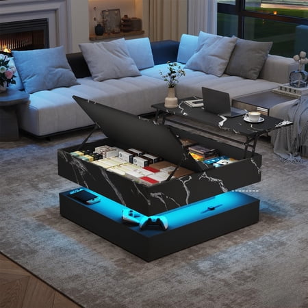 Blotout 35.4" LED Square Coffee Table with Lifting top and Charging Station, Modern 2-Tier Coffee Table with Large Hidden Compartment Storage for Living Room, Office, Black Marble