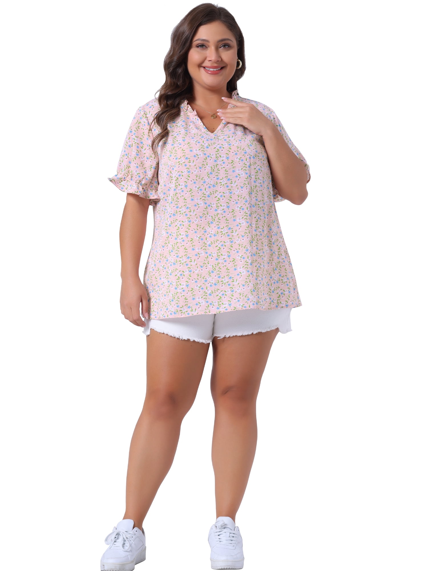 Women's Plus Summer Tops Floral V Neck Ruffle Puff Short Sleeve Casual Blouse Top 3X Pink