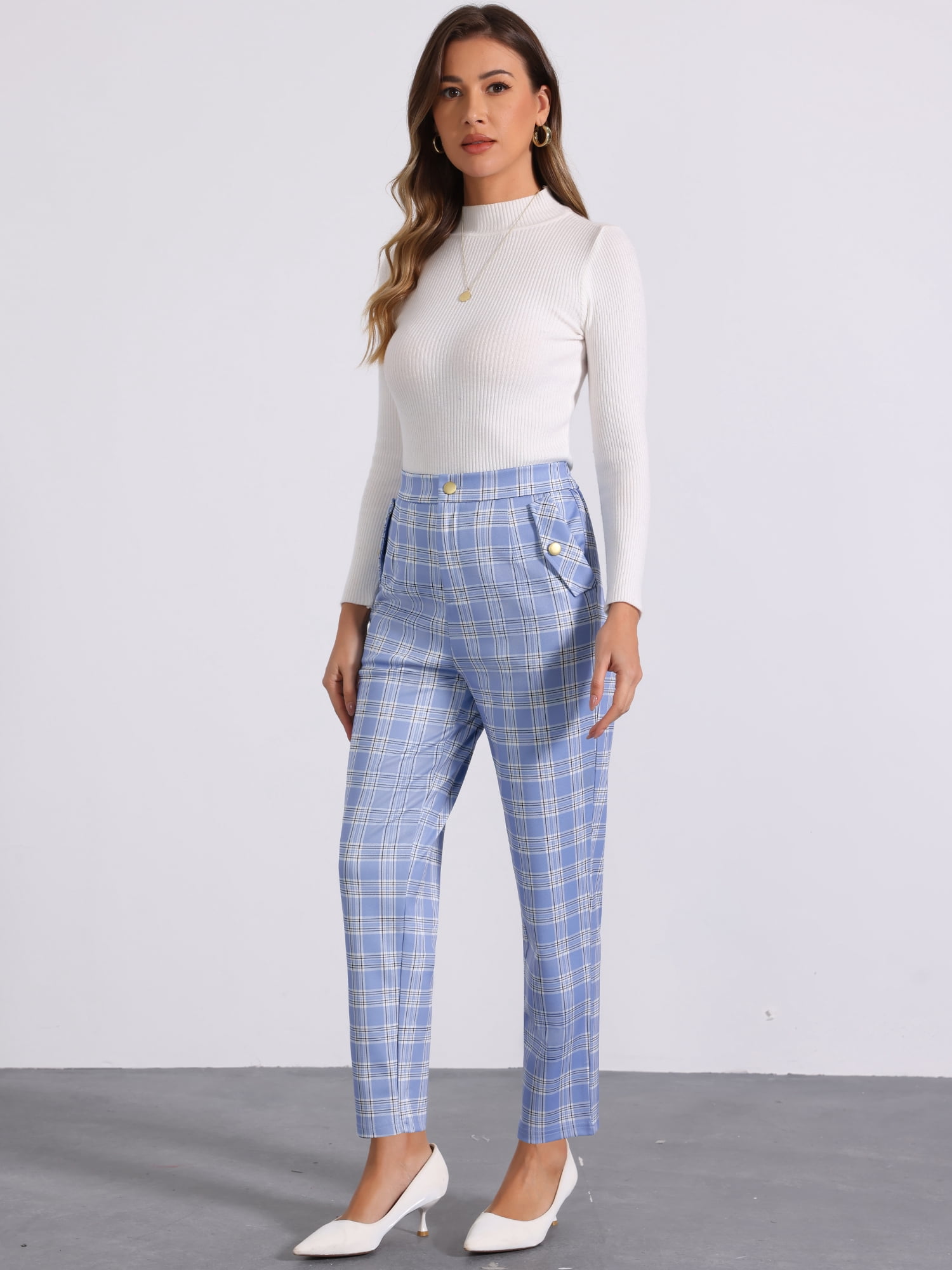 DARING DIVA Women's Tartan Plaid Pants Elastic Waist Straight Trousers XS Light Blue
