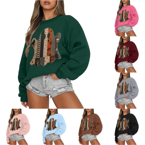 Unir Women's Halloween Patchwork Ghost Layering Pullover Crew Neck No Hood Sweatshirt Long Sleeve Casual Top 1PC S-XXL Plus Size Friendly