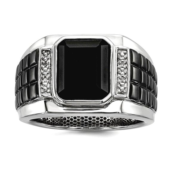 925 Sterling Silver Bezel Polished Prong set Diamond and Simulated Onyx Square Black Rhodium Plated Mens Ring Size 11 15