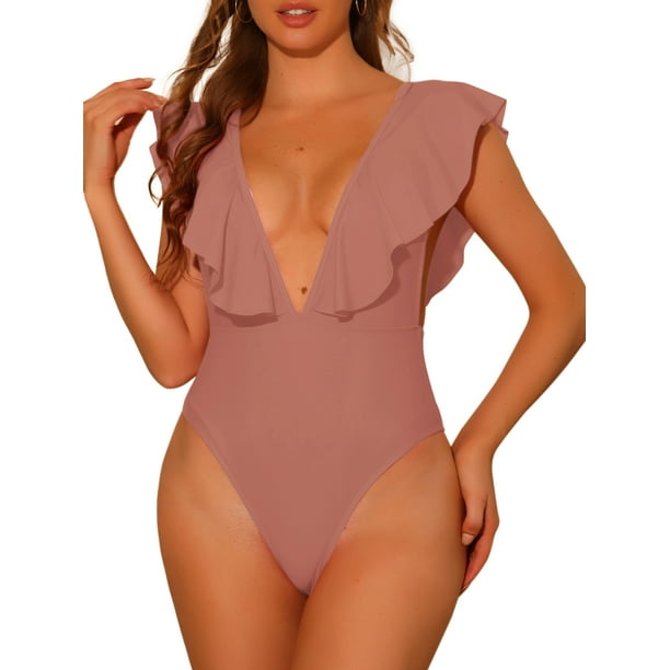 Bañadores de una pieza para mujer, escote en V, con volantes, monokini, control de abdomen, traje de baño color marrón rosado XS