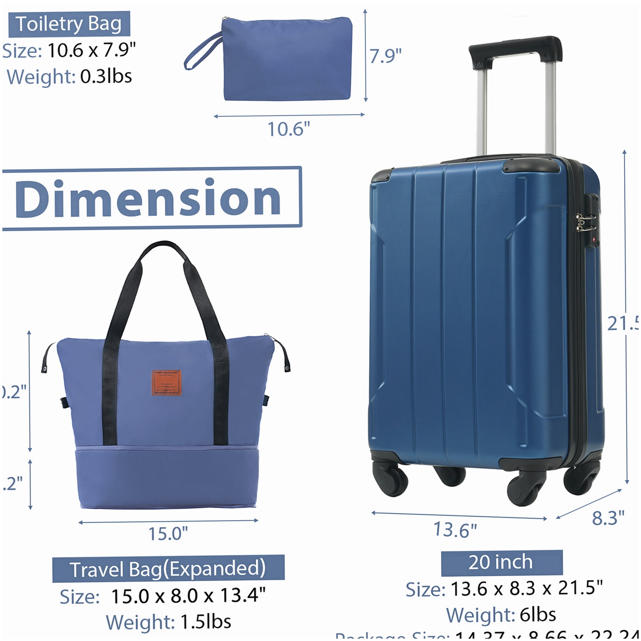 MANGIJOY ABS Hardshell 20 Inch Carry On Luggage 3 Piece Set, Blue Spinner Wheel Suitcase with Expandable Duffel &; Toiletry Bag