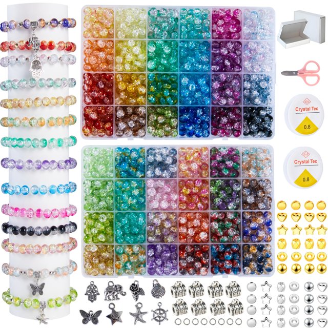 Kit de perlas de vidrio para hacer joyas REVKI 1300 piezas 8 mm con accesorios