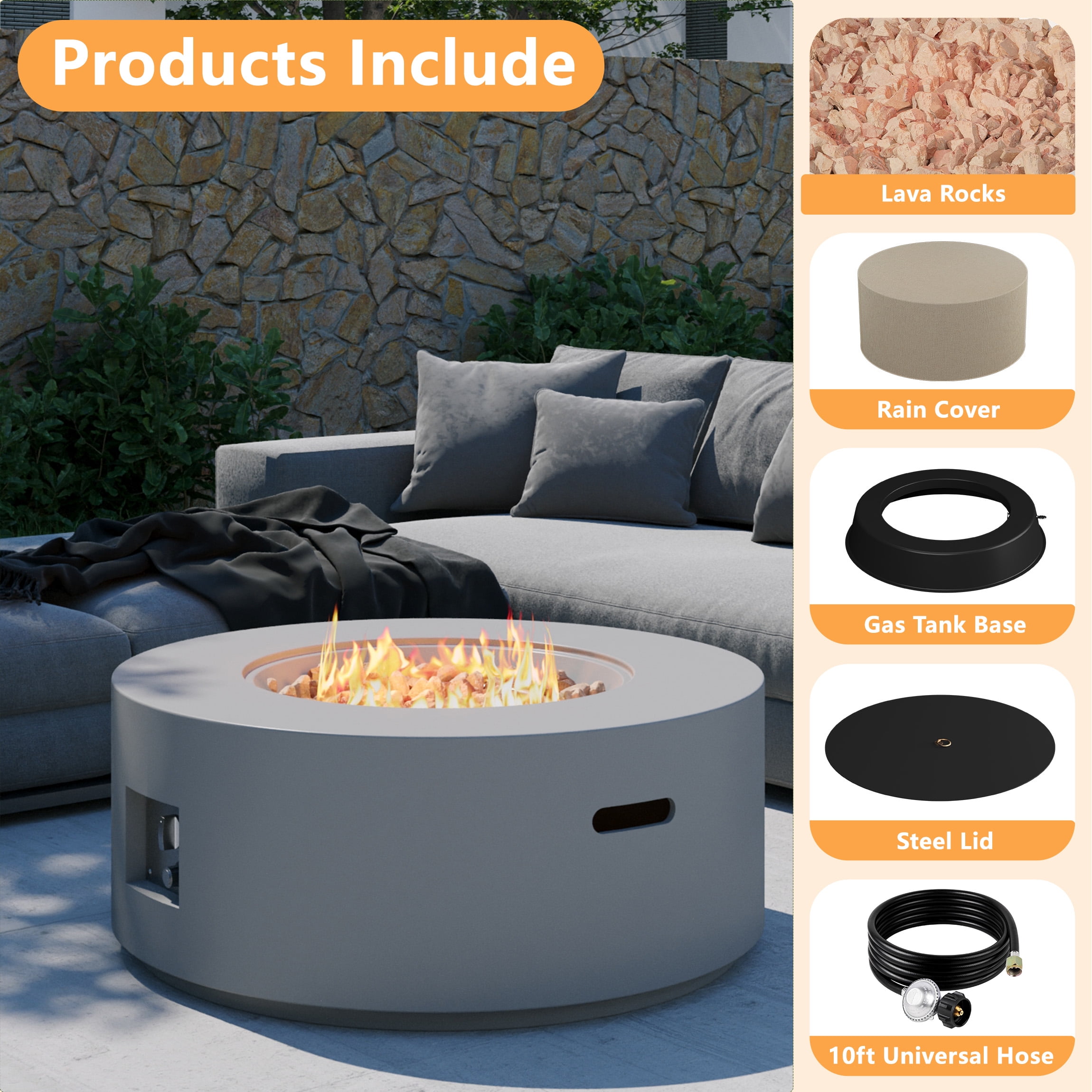 Wakeyard 32.5 inch Round Propane Fire Pit Table, 50000 BTU, Includes Lava Rock,Gray