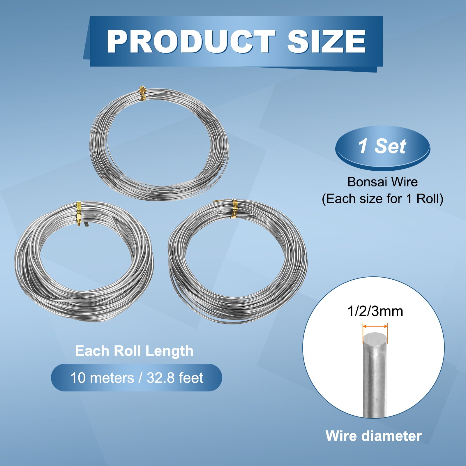 Uxcell 3 Roll Bonsai Wire 1/2/3mm Each Roll 32.8ft (10m) Anodized Aluminum Bonsai Wire for Gardening Tree Branch Fixing DIY Crafting, Silver
