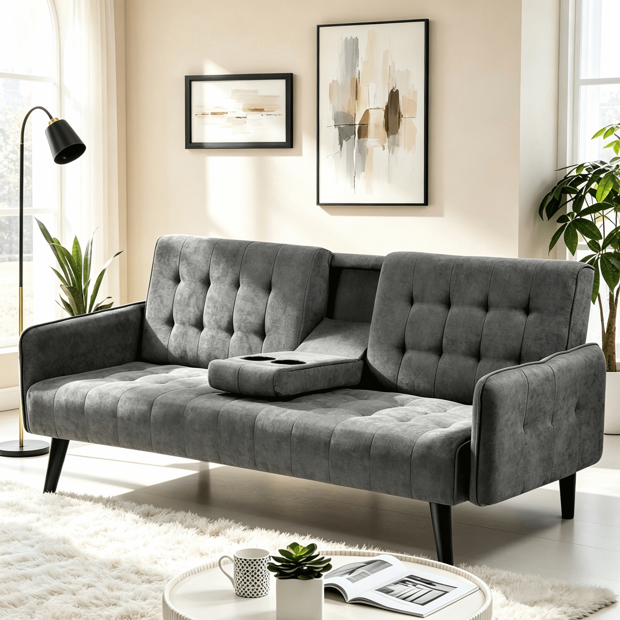 Gewnee 72" Sleeper Sofa Bed, Convertible Linen Futon Couch with Folding Backrest with Cup Holder,Modern Couch for Home and Guest Room，Dark Gray
