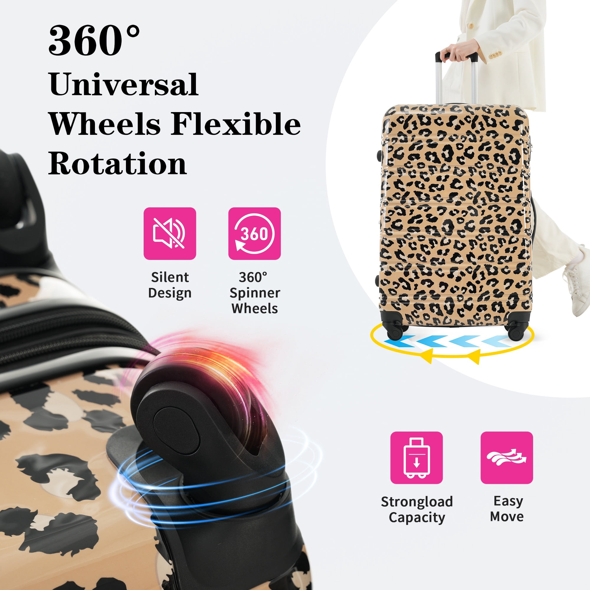 PAPROOS 3-Piece Luggage Set (20"/24"/28"), Hardshell Lightweight Suitcase with TSA-Lock and Spinner Wheels, Expandable Travel Luggage for School, Travel, Brown Leopard