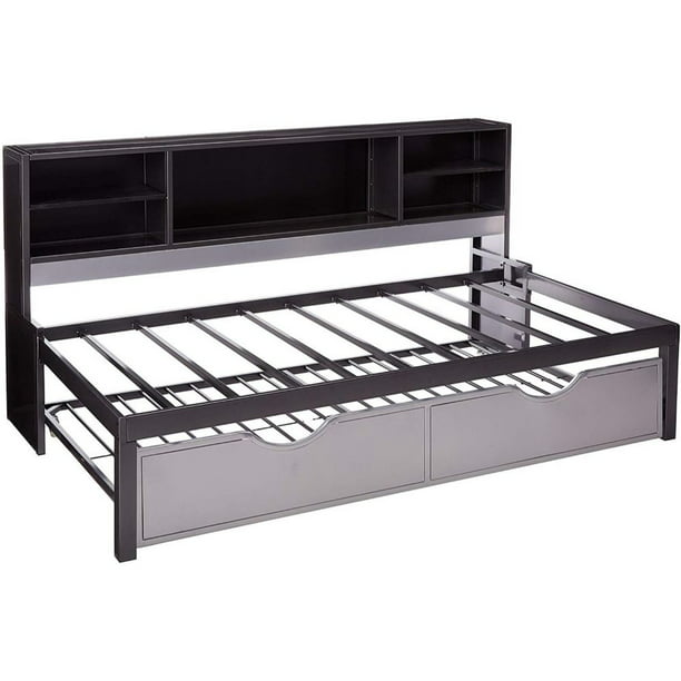 Acme Furniture Renell Twin Bed With, White Twin Trundle Bed With Bookcase