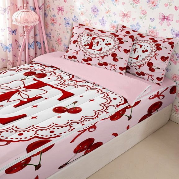 Homewish Cartoon Initial E Zipper Twin Comforter Sets with Fitted Sheet and 2 Pillowcases,Red Cherry Kawaii Bow Zipper Bedding Set for Girls,4-Piece,Pink Reversible