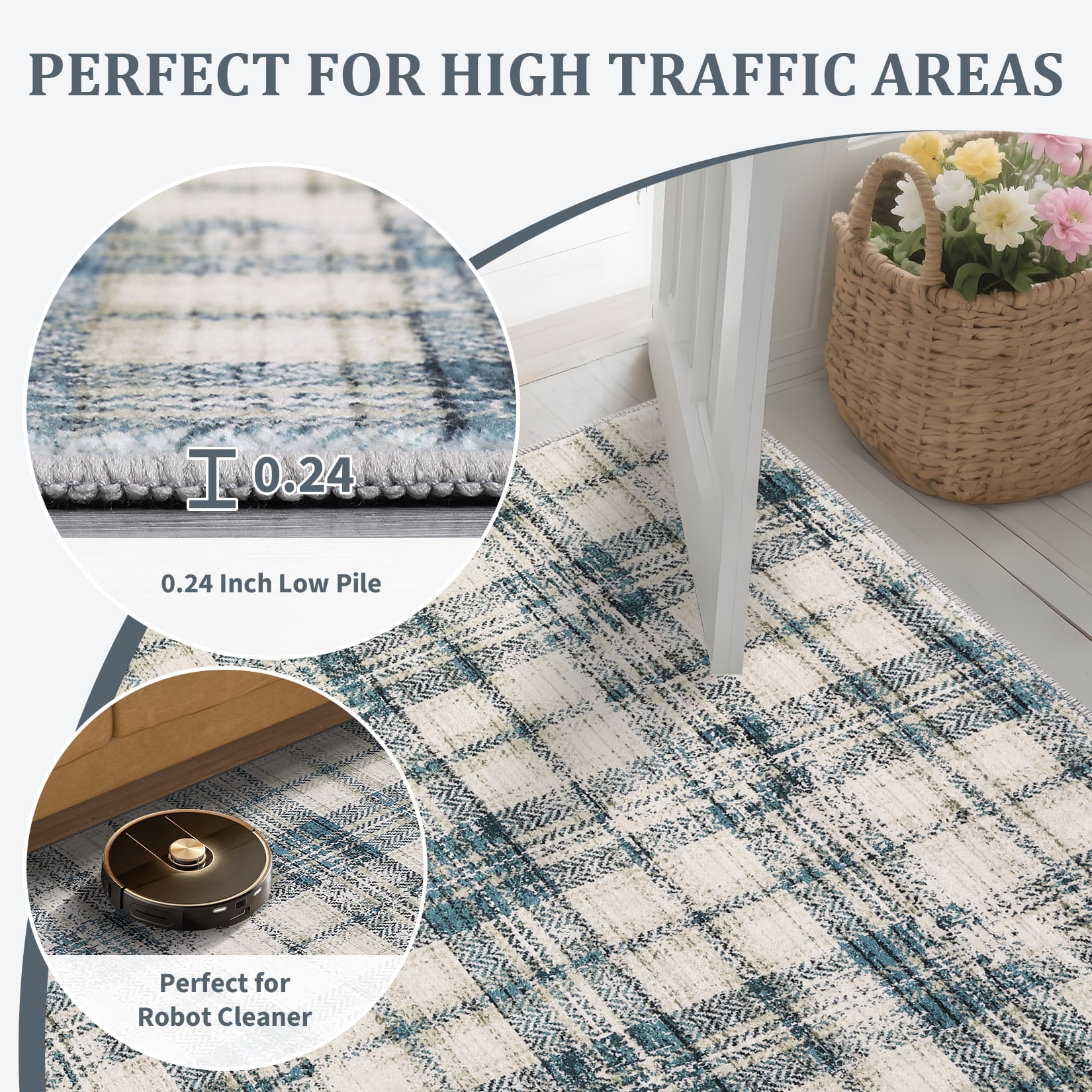 Garvee Washable Rug 5x7 Modern Plaid Area Rug, Non Slip Stain Resistant Rug Geometric Carpet for Living Room Bedroom Home Office, Blue