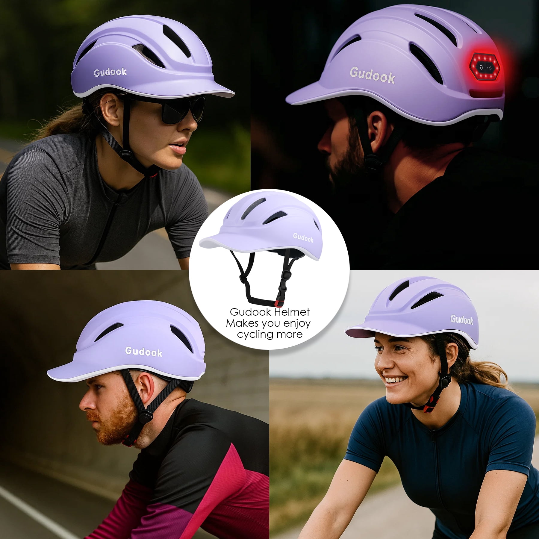 Gudook Adult Bike Helmet for Men - Women Bicycle Helmet with LED Rear Light - Certified Comfort Adjustable Baseball Cap Style Cycling Helmets for Urban Commuter Road Biking Scooter