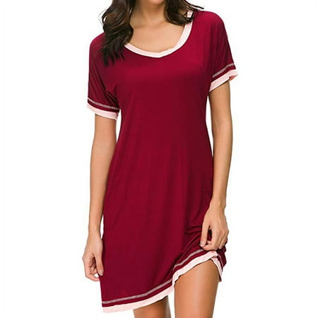 

Women s Nightgown Short Sleeve Sleepwear Comfy Sleep Shirt Pleated Scoopneck Nightshirt Pajamas Dress Summer Thigh-Length Nightdress Loose Solid Color Cotton Sexy Sleepdress Red XS-XL