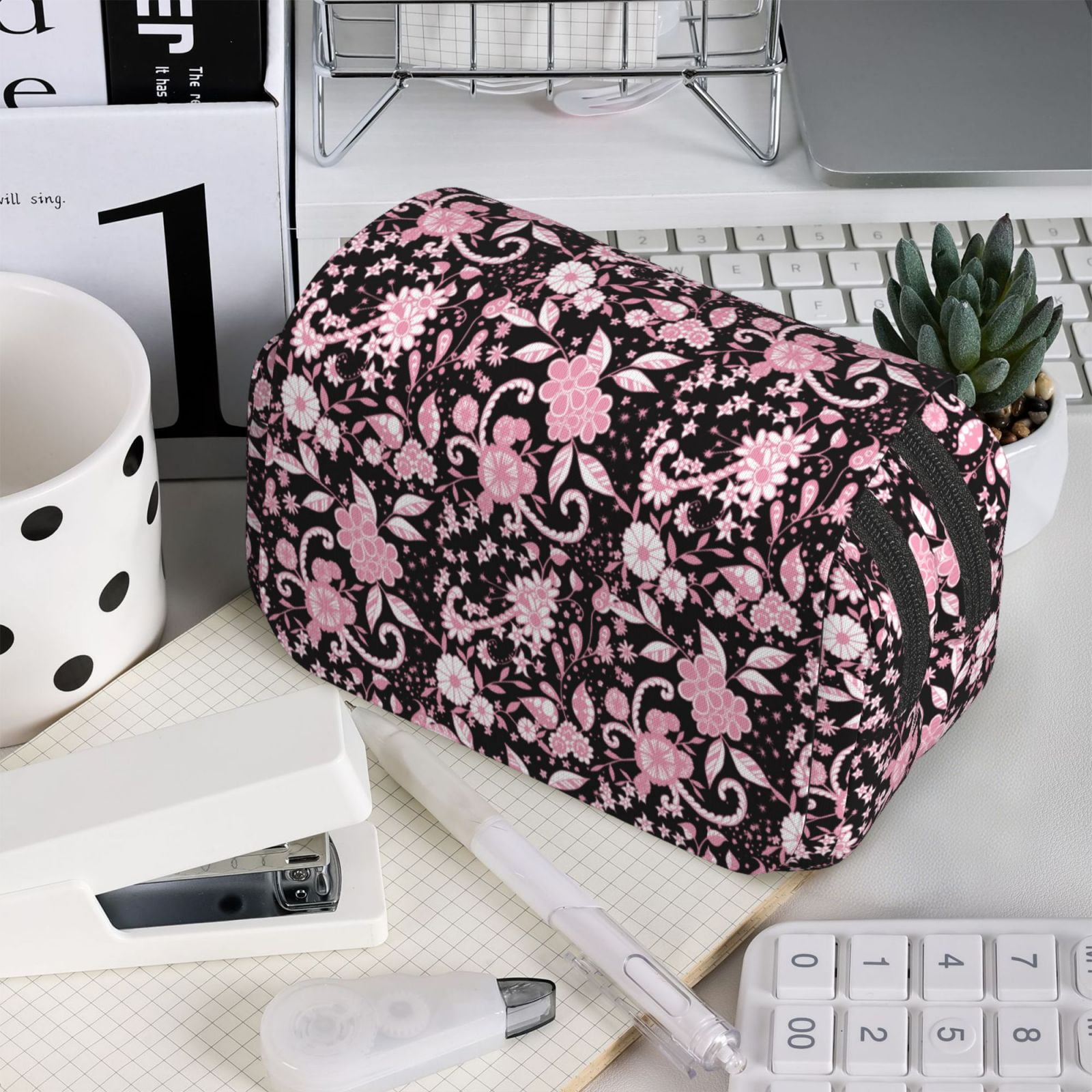 Rateoe Daisies Flowers Pattern Double Clamshell Pen Case, Storage Organizer with Two Zipper Compartments– Holds Up to 50 Pencils & Pens