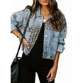 thumbnail image 2 of Womens Button Down Distressed Leopard Denim Jean Jacket Washed Long Sleeve Ripped Cheetah Jean Coat Blue S, 2 of 9