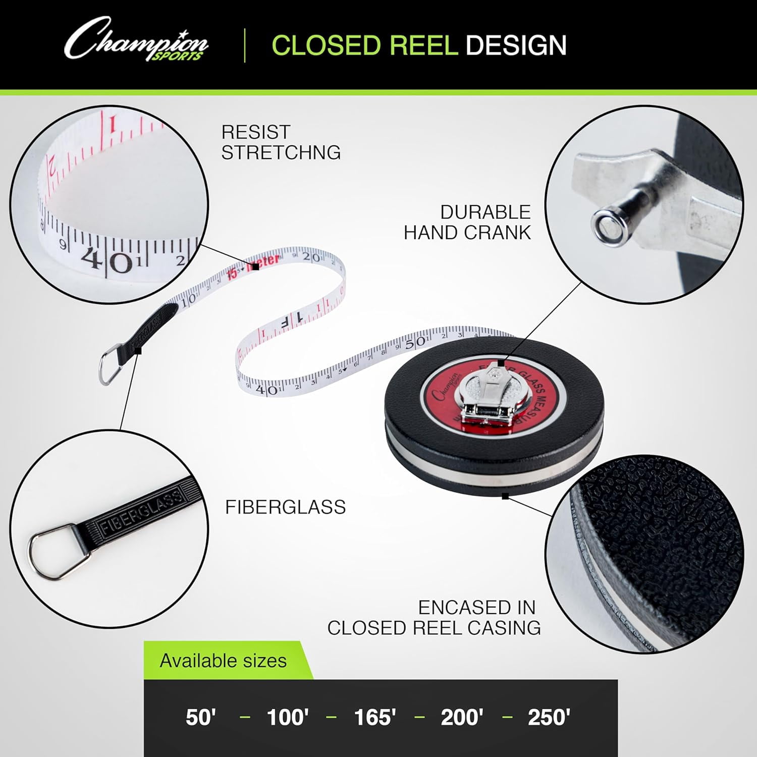 Champion Sports Closed Reel Measure Tape, 100 ft - Sturdy Measuring Tapes with Hand Crank for Track and Field, Long Jump, Landscaping - Durable, Dual-Sided Measuring Reel with Feet and Meters