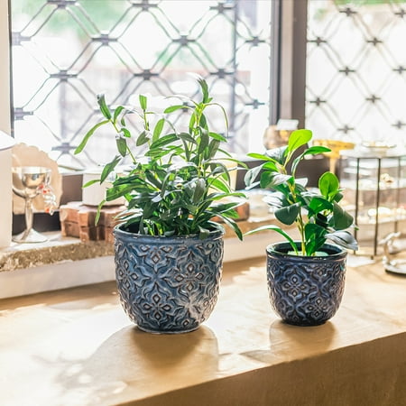 2 Pack Ceramic Plant Pots Indoor, Flower Pot Set, Blue Planters for Plants, Clay Plant Pots with Drainage Hole for Snake Plants, Orchid, Succulent, Cactus - Outdoor Garden Pots