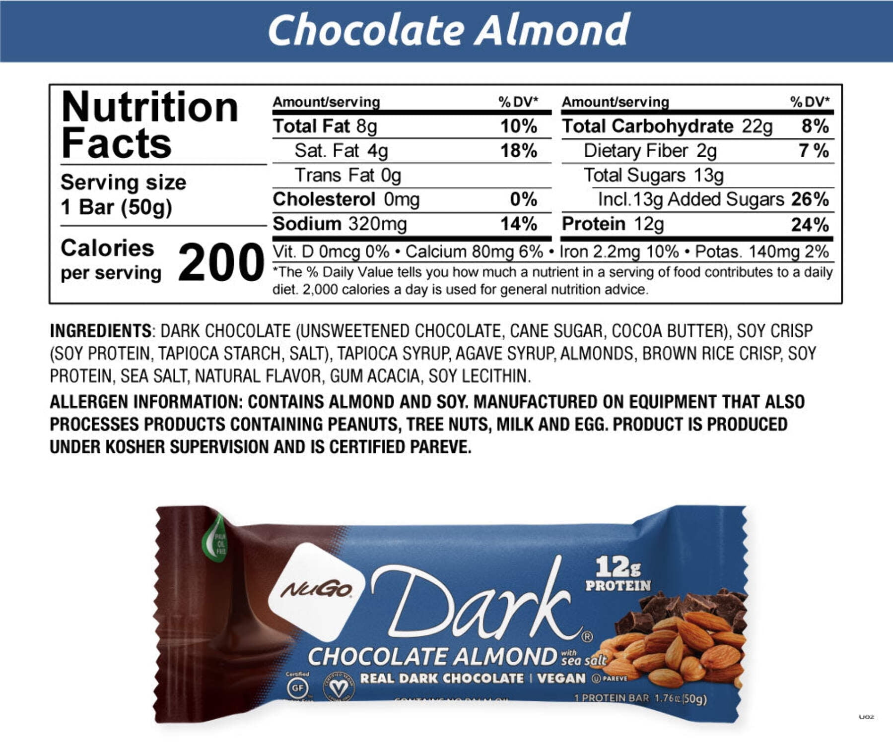 NuGo Dark Chocolate Almond with Sea Salt, 12g Protein, Vegan, Gluten Free, Kosher Pareve, 24 Count
