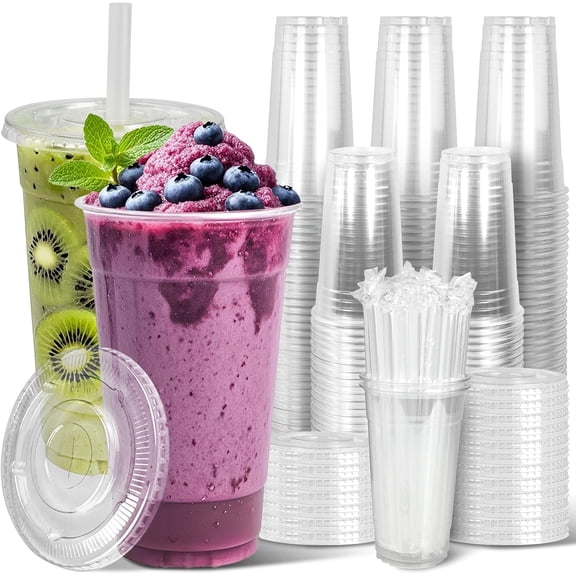 AISOON 50 Pack 32 oz Clear Plastic Cups with Flat Lids, BPA-Free Disposable Cold Cups