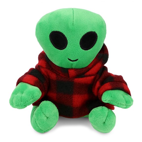 DolliBu Super Soft Alien Stuffed Animal with Plaid Red Hoodie Sweater - Cute Alien Plush Lumberjack Stuffed Toy with Plaid Jacket Dress Up for Christmas, Holiday, Winter - 6 Inches